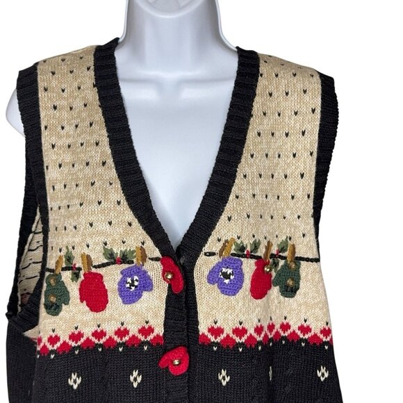 Quacker Factory Winter Themed Sweater Vest Holiday Mittens Holly Jingle Bells Lg - Picture 3 of 10